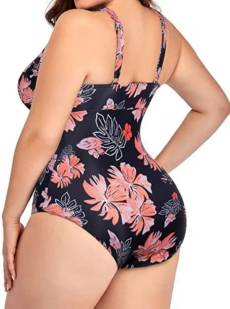 Black plus size women's bikini swimsuit with Siamese pattern print and mesh fabric stitching detail.