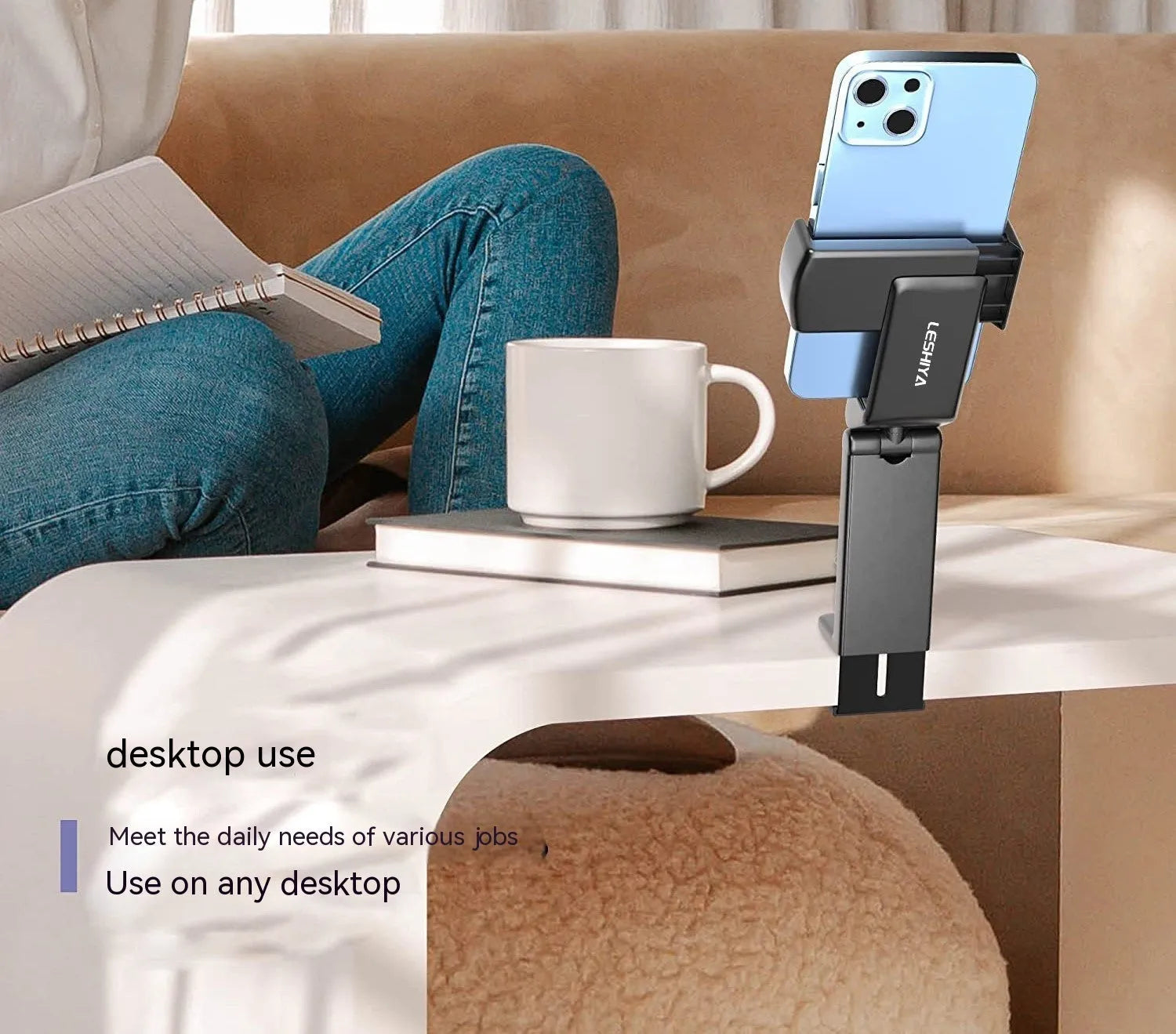 Universal foldable rotating phone holder in black, shown holding a smartphone in landscape orientation.
