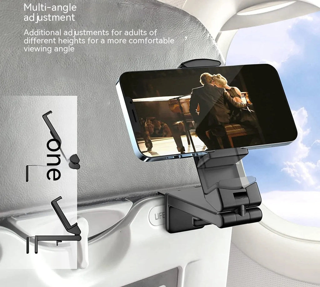 Universal foldable rotating phone holder in black, shown holding a smartphone in landscape orientation.