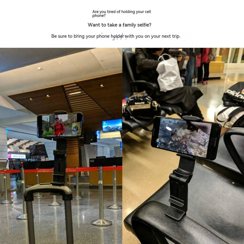 Universal foldable rotating phone holder in black, shown holding a smartphone in landscape orientation.