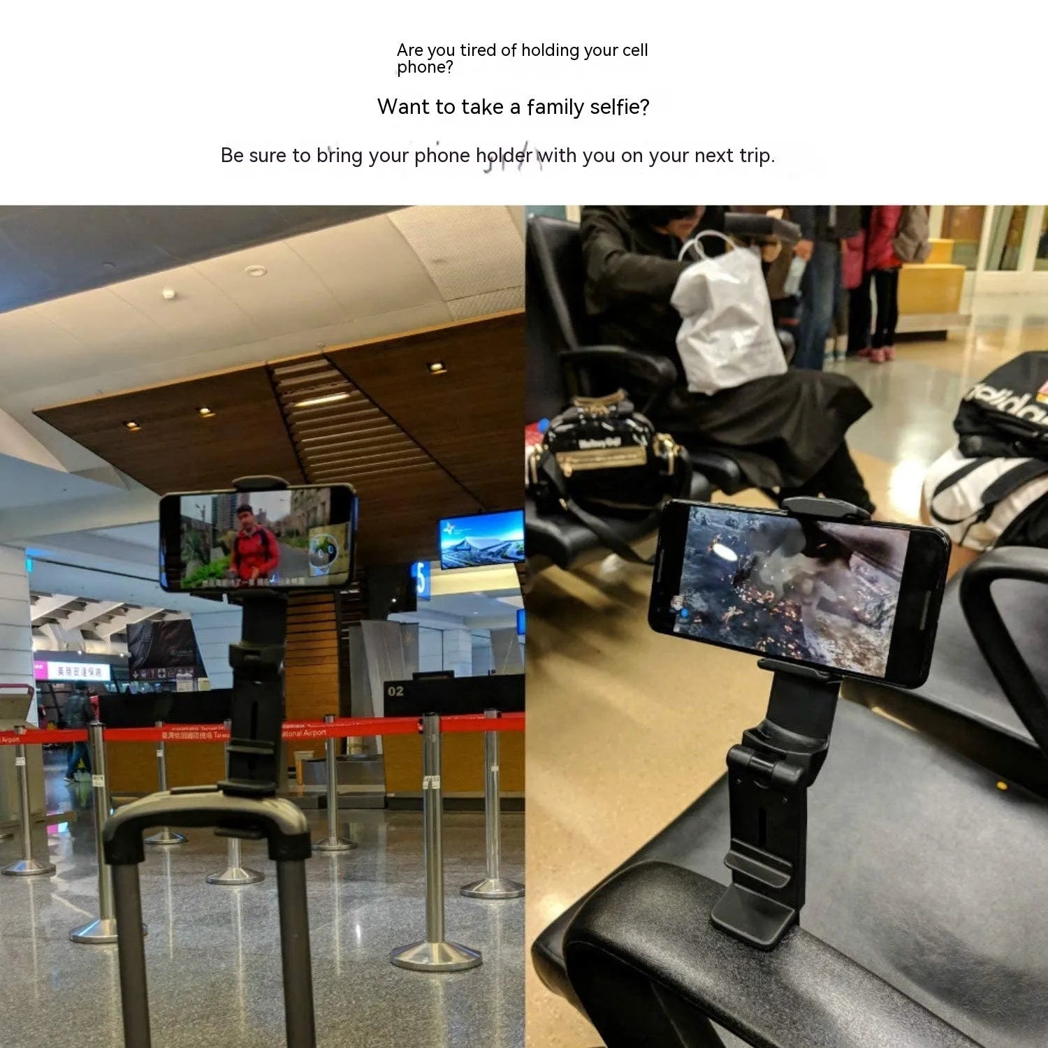 Universal foldable rotating phone holder in black, shown holding a smartphone in landscape orientation.