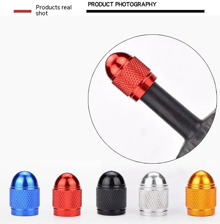 Aluminium mountain bike tyre valve dust cap in gold, red, silver, blue, and black colours.