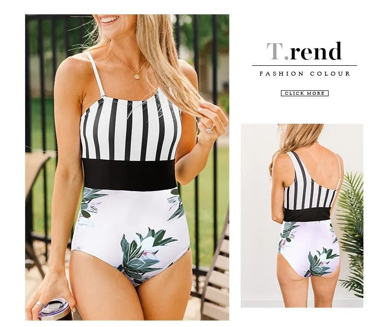 Women's leopard print one-piece swimsuit with asymmetric collar and high-waist briefs on a mannequin.