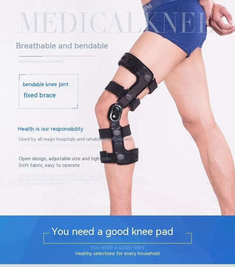 Black anterior ligament knee support brace shown on a knee, with side-specific sizing for left or right.