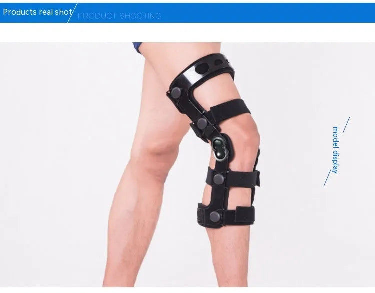 Black anterior ligament knee support brace shown on a knee, with side-specific sizing for left or right.