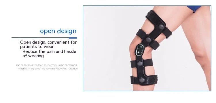Black anterior ligament knee support brace shown on a knee, with side-specific sizing for left or right.