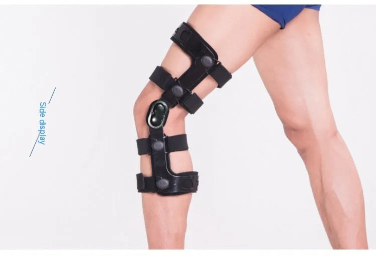 Black anterior ligament knee support brace shown on a knee, with side-specific sizing for left or right.