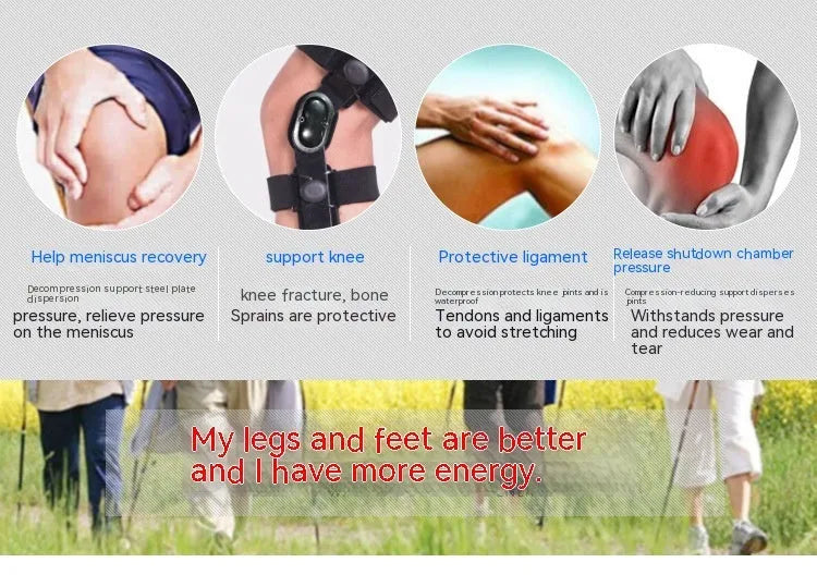 Black anterior ligament knee support brace shown on a knee, with side-specific sizing for left or right.