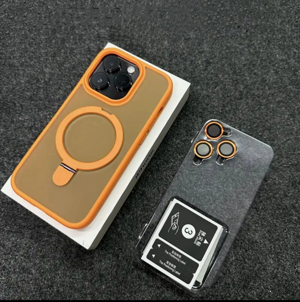 Magnetic bracket phone case with lens protector for iPhone, frosted PC, four colour options
