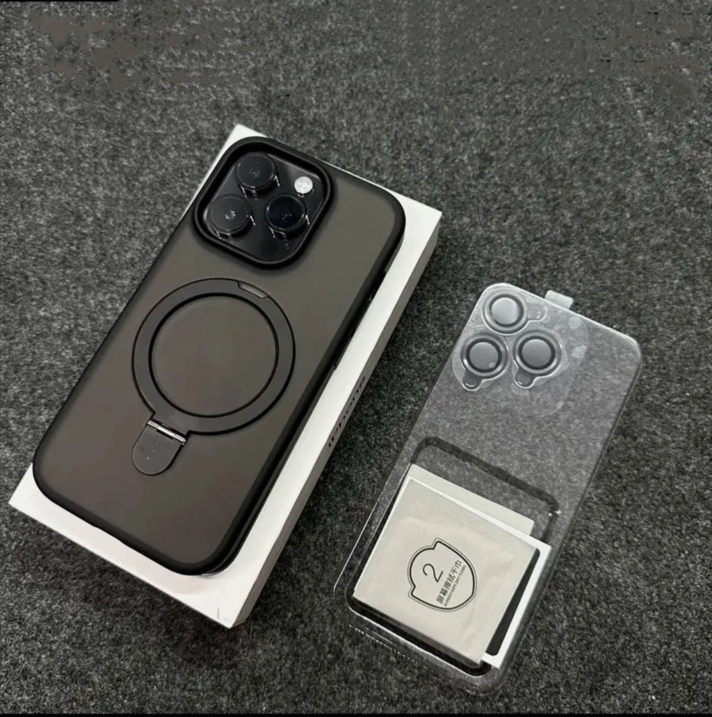 Magnetic bracket phone case with lens protector for iPhone, frosted PC, four colour options