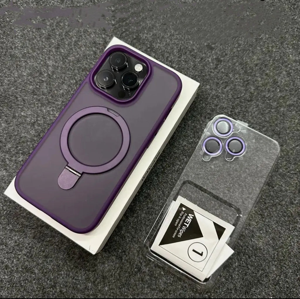 Magnetic bracket phone case with lens protector for iPhone, frosted PC, four colour options