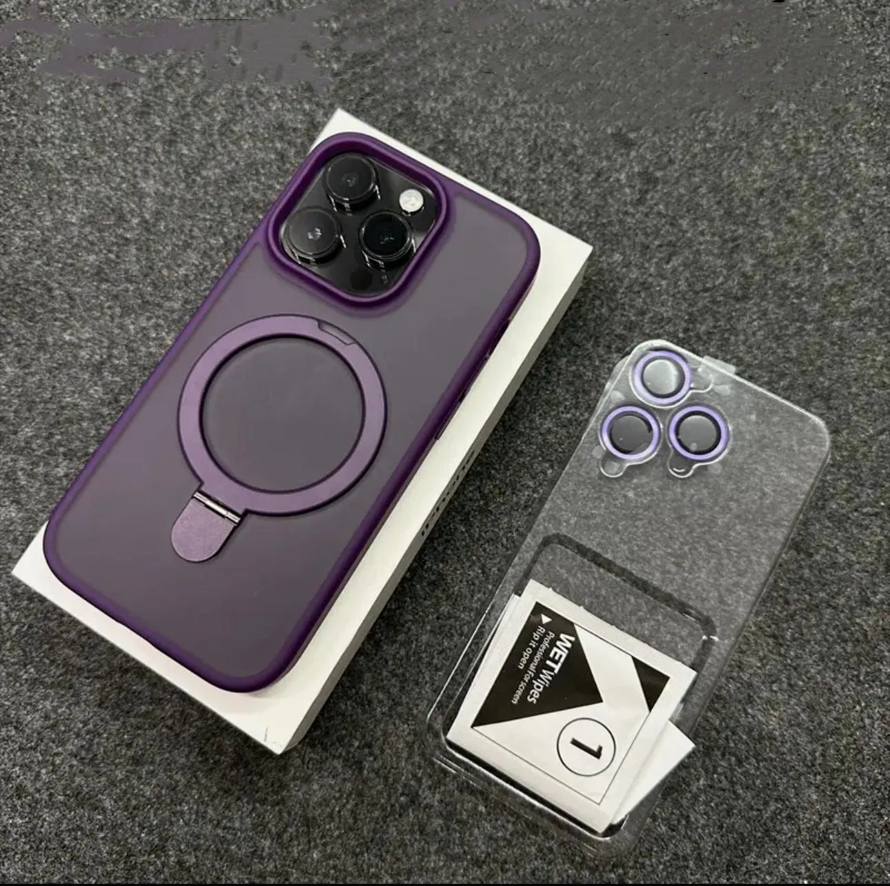 Magnetic bracket phone case with lens protector for iPhone, frosted PC, four colour options