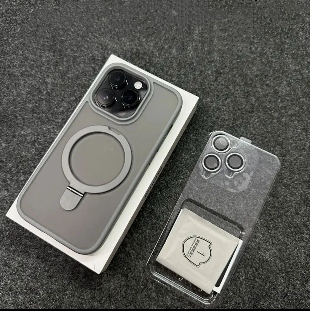 Magnetic bracket phone case with lens protector for iPhone, frosted PC, four colour options
