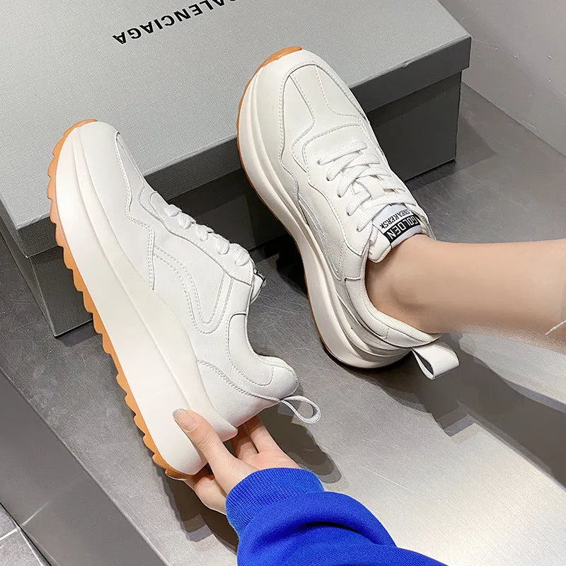 Beige women's low-top casual sports shoes made of cowhide leather with a cross-strap and English muffin heel.