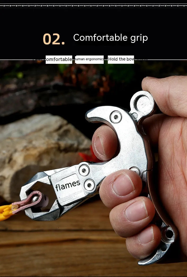 Zinc alloy two-axis release aid with harpoon clip for archery and bowfishing equipment