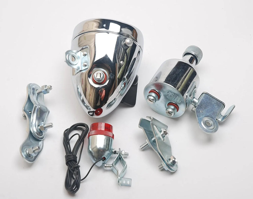 Silver bicycle generator light kit for front fork or rear frame installation with friction dynamo power generation