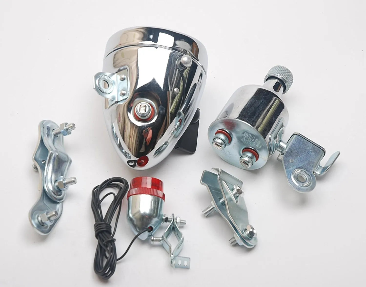 Silver bicycle generator light kit for front fork or rear frame installation with friction dynamo power generation
