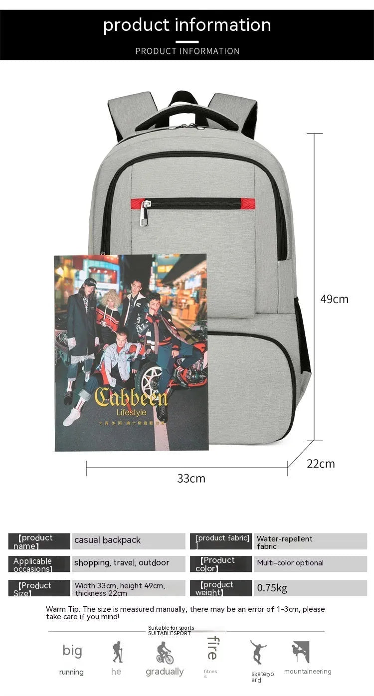 Light grey insulated Oxford cloth backpack with curved shoulder straps and pull-rod belt accessory