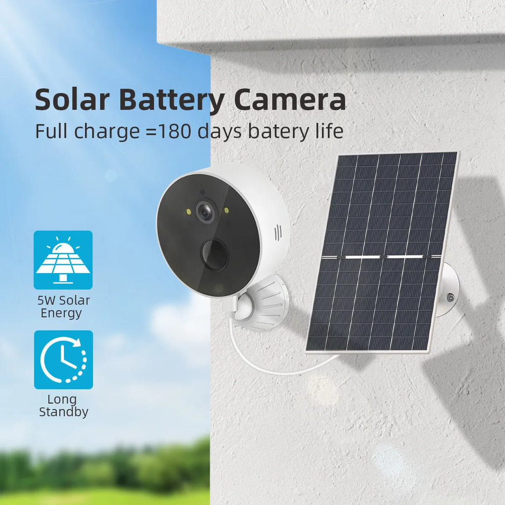 Solar-powered outdoor security camera with attached solar panel for wireless 1080p monitoring