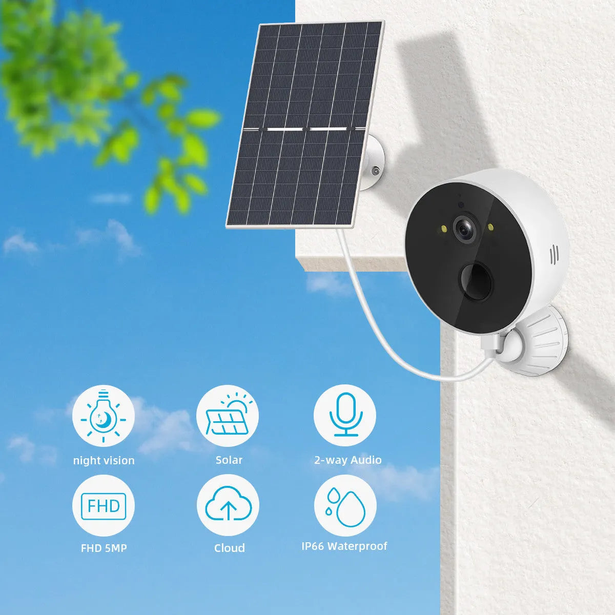 Solar-powered outdoor security camera with attached solar panel for wireless 1080p monitoring