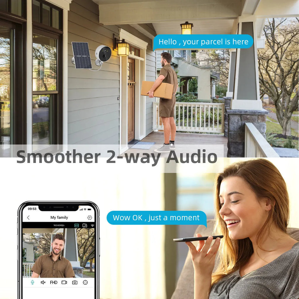 Solar-powered outdoor security camera with attached solar panel for wireless 1080p monitoring