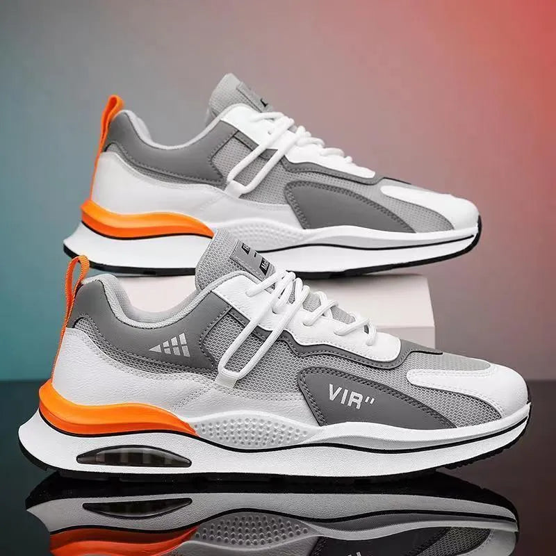 Men's grey and black mesh running shoes with round toe and lightweight EVA sole for summer jogging