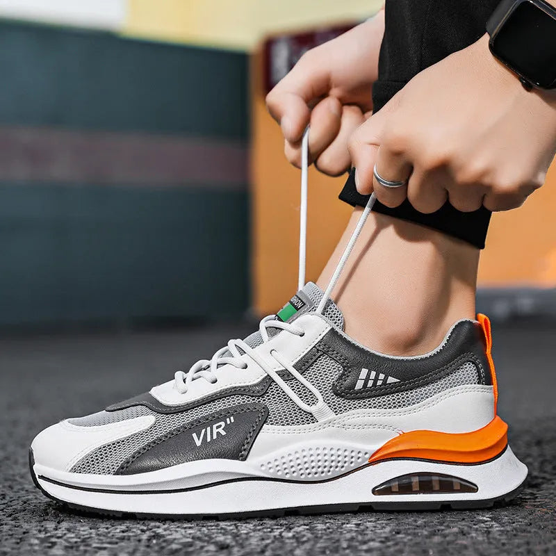 Men's grey and black mesh running shoes with round toe and lightweight EVA sole for summer jogging