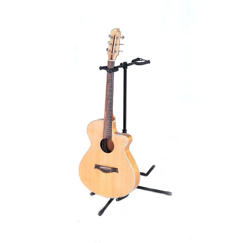 Vertical black iron double-headed adjustable guitar stand holding two guitars