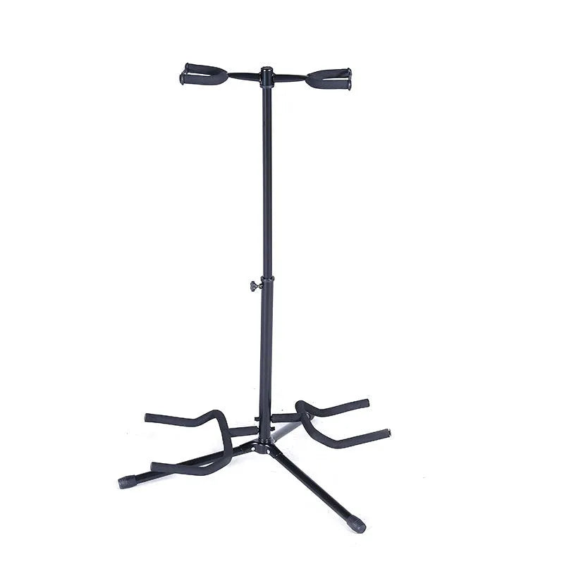 Vertical black iron double-headed adjustable guitar stand holding two guitars