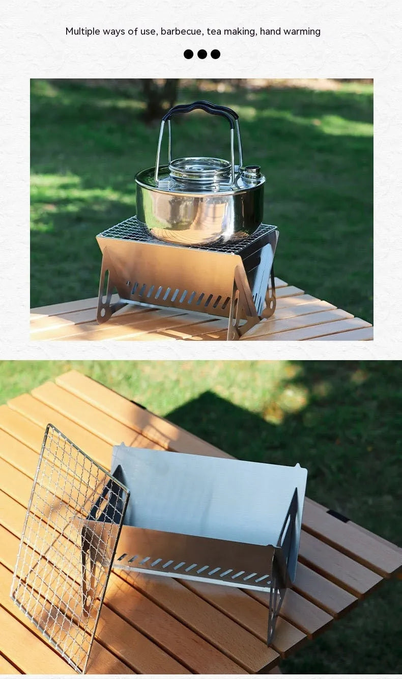 Large stainless steel folding barbecue oven with storage bag for outdoor use.