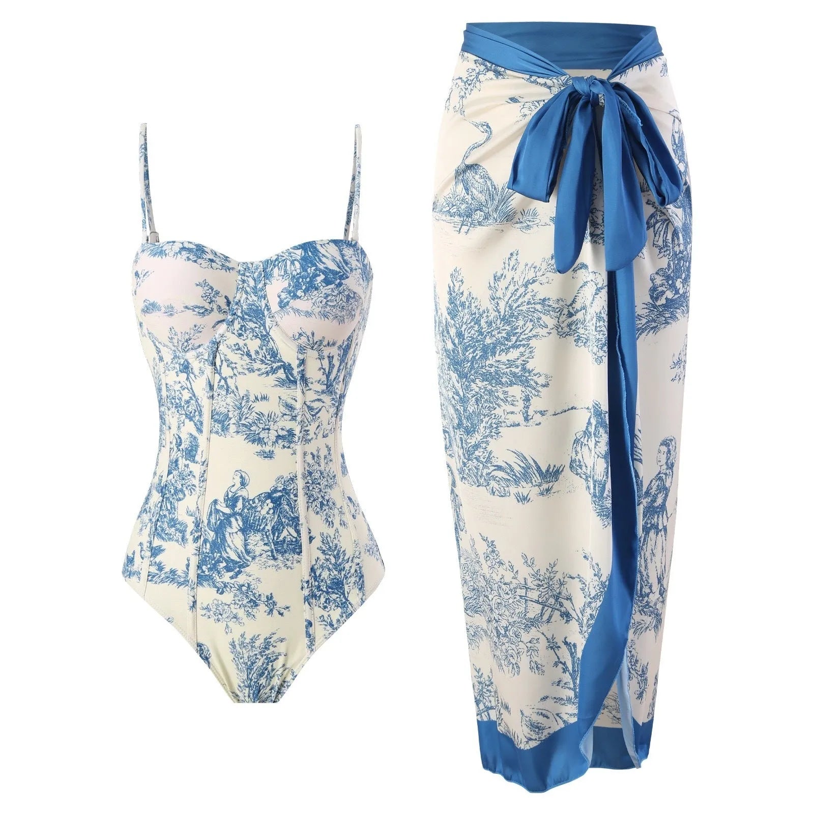 Blue patterned women's one-piece swimsuit shown with a matching light gauze skirt.