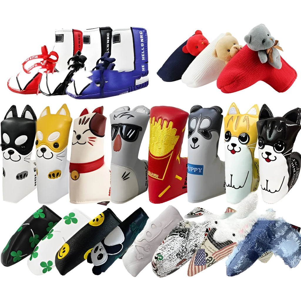 Colourful golf putter sleeve for straight bars with novelty designs and waterproof PU construction