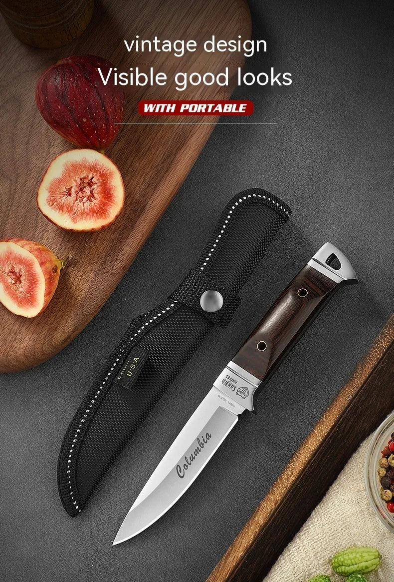 Camping portable fruit knife with stainless steel blade in leather case