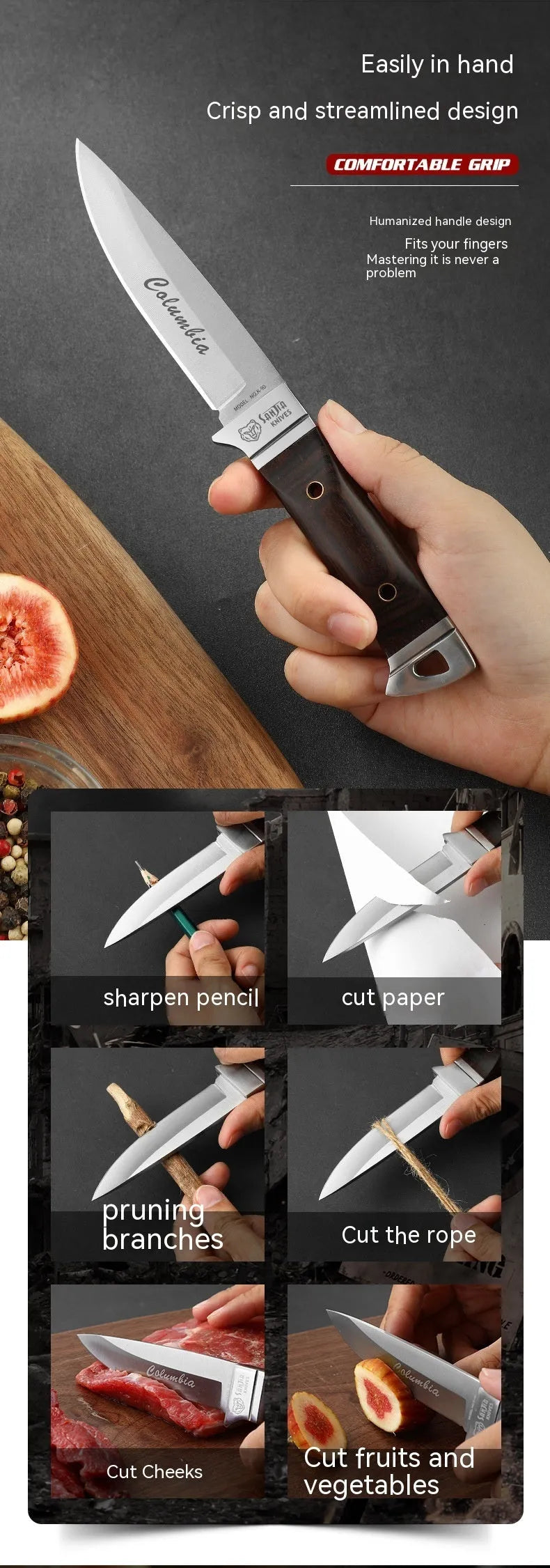 Camping portable fruit knife with stainless steel blade in leather case