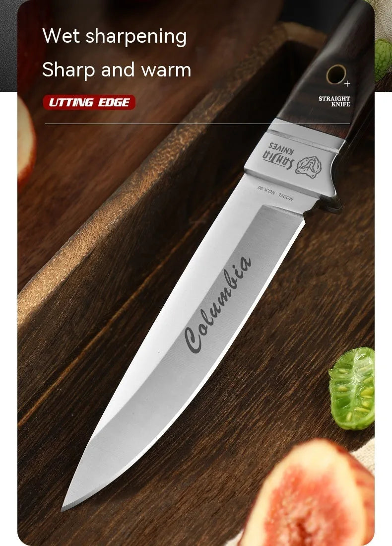 Camping portable fruit knife with stainless steel blade in leather case