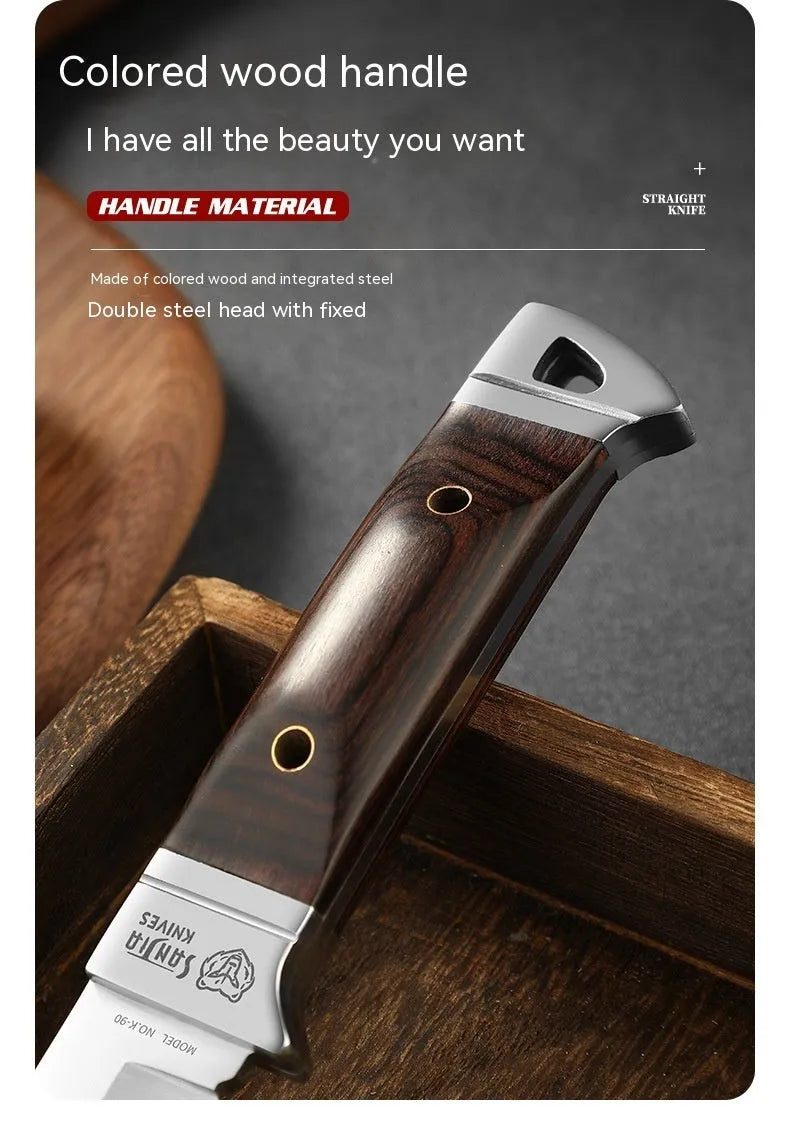 Camping portable fruit knife with stainless steel blade in leather case