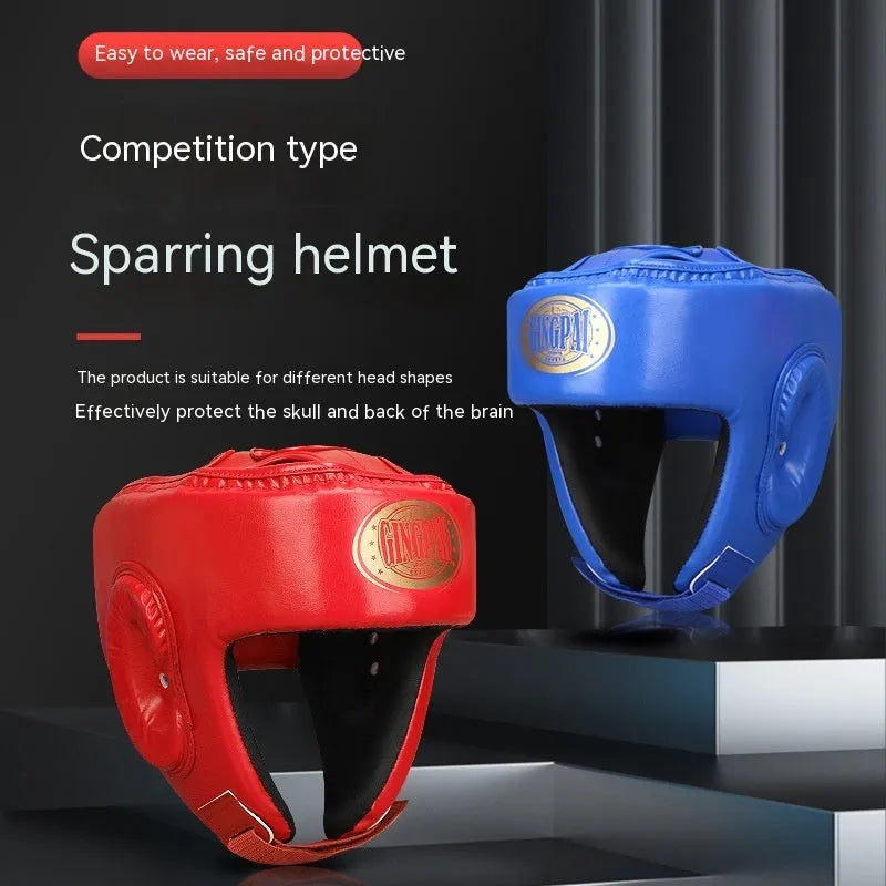 Fully enclosed PU boxing helmet with jaw protection in black, front view