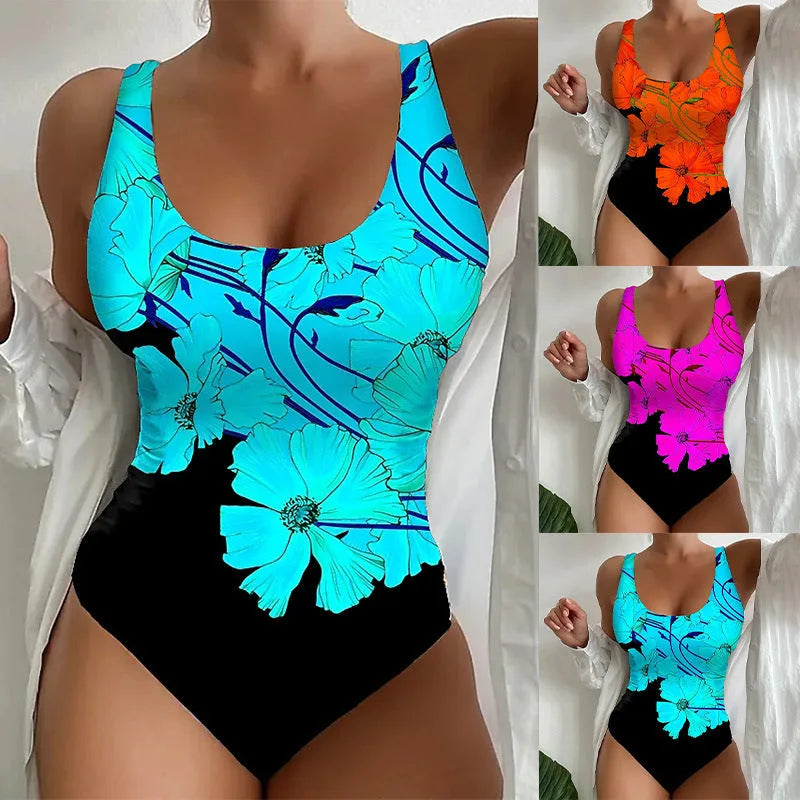 Women's one-piece swimsuit with 3D printed pattern in orange red, sky blue, or purple.