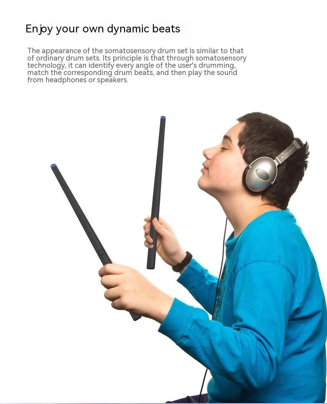 Black somatosensory air drum kit virtual toy with two drumsticks and LED lighting on a wireless base