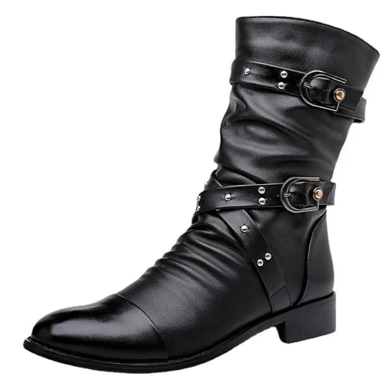 Men's black PU leather pointed toe wellingtons with side zipper and rubber sole