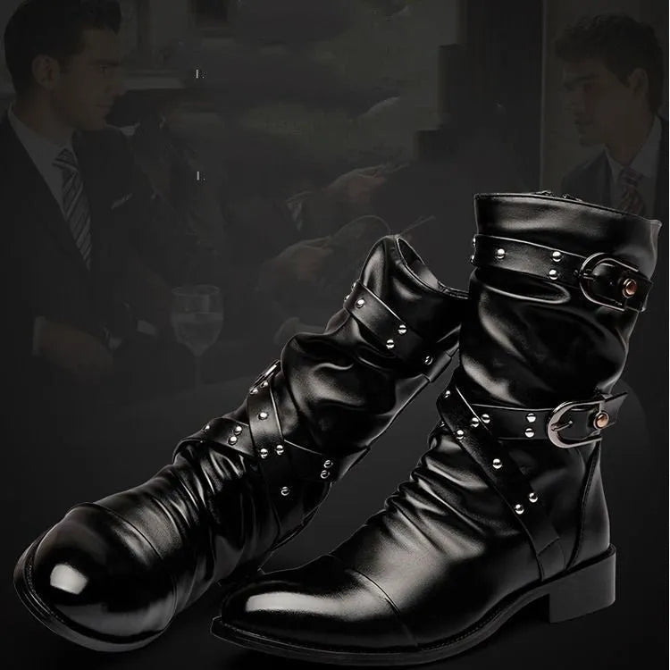 Men's black PU leather pointed toe wellingtons with side zipper and rubber sole