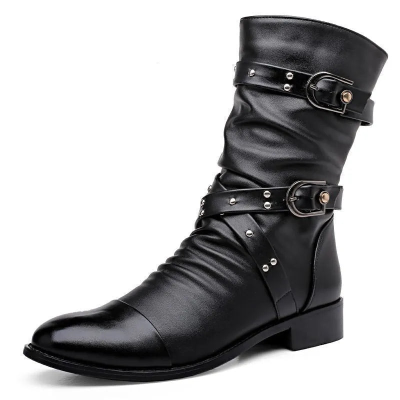 Men's black PU leather pointed toe wellingtons with side zipper and rubber sole