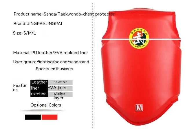 Red boxing helmet and chest protector set for fight training with PU construction