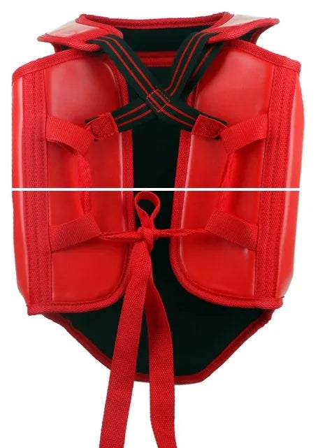 Red boxing helmet and chest protector set for fight training with PU construction