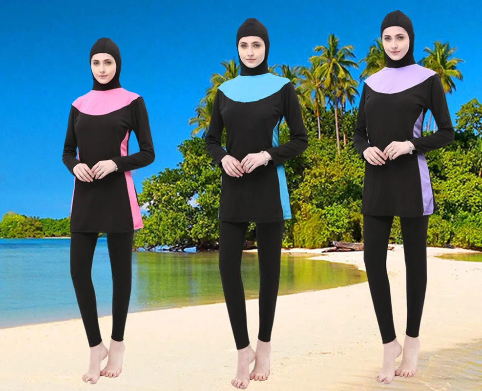 Conservative black women's hooded swimsuit with long sleeves, shown as a two-piece set.