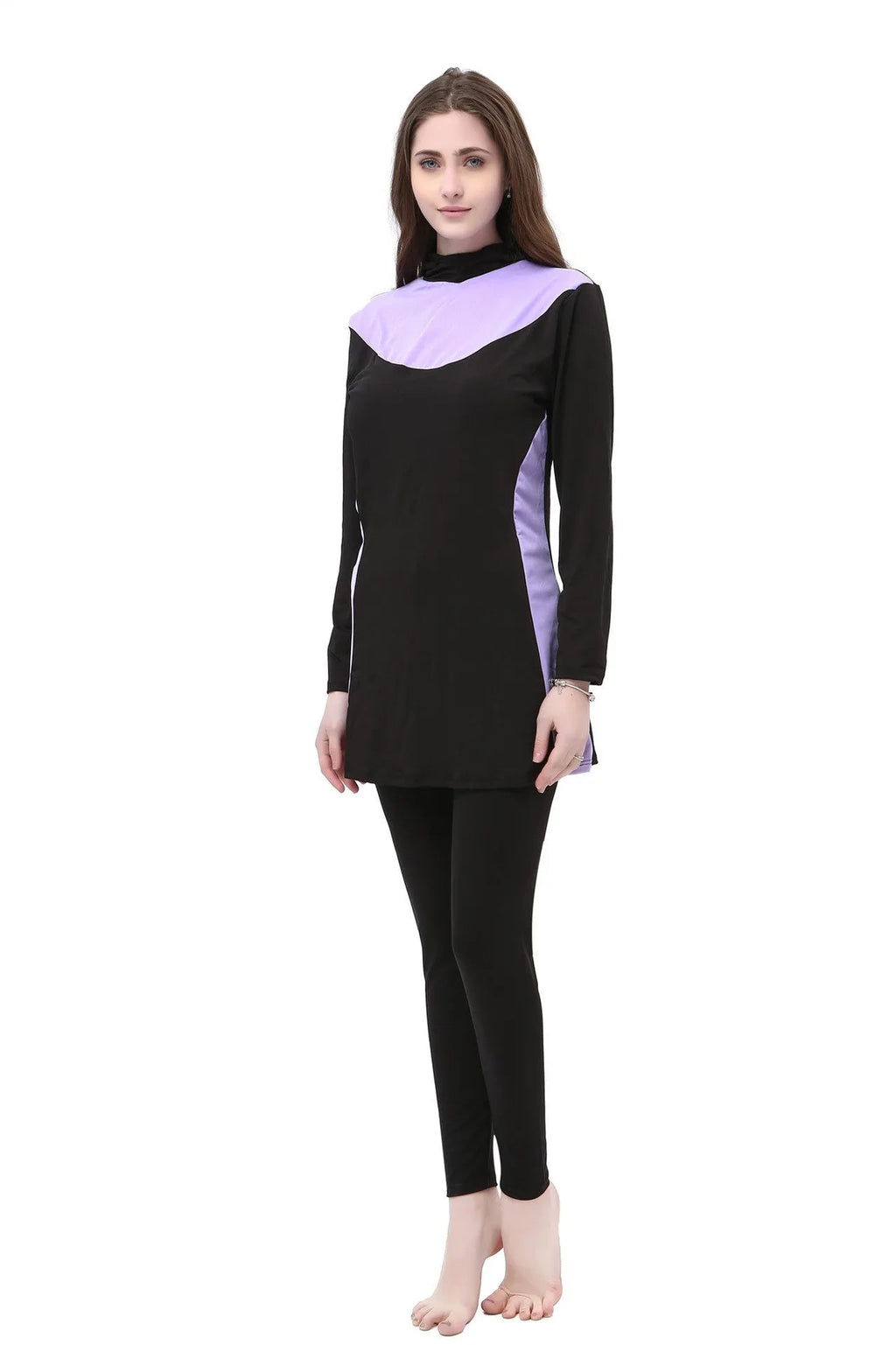 Conservative black women's hooded swimsuit with long sleeves, shown as a two-piece set.
