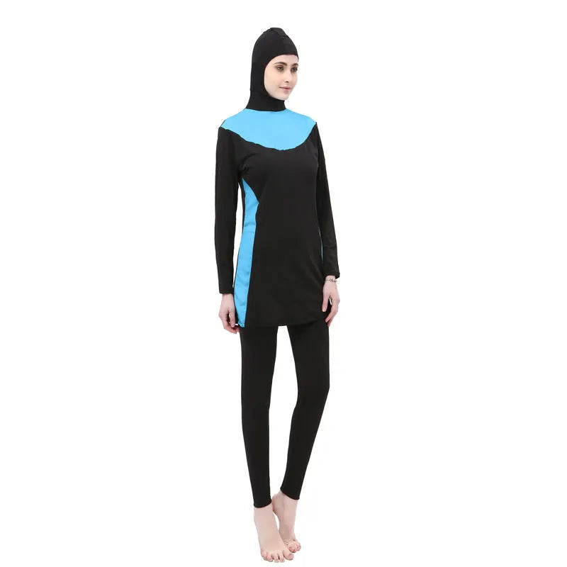 Conservative black women's hooded swimsuit with long sleeves, shown as a two-piece set.