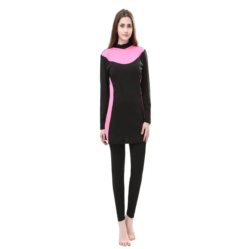 Conservative black women's hooded swimsuit with long sleeves, shown as a two-piece set.