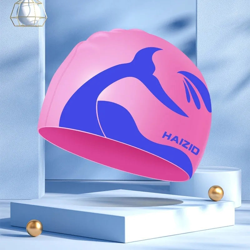 Silicone swimming cap with whale tail pattern and waterproof ear protectors in multiple colour options