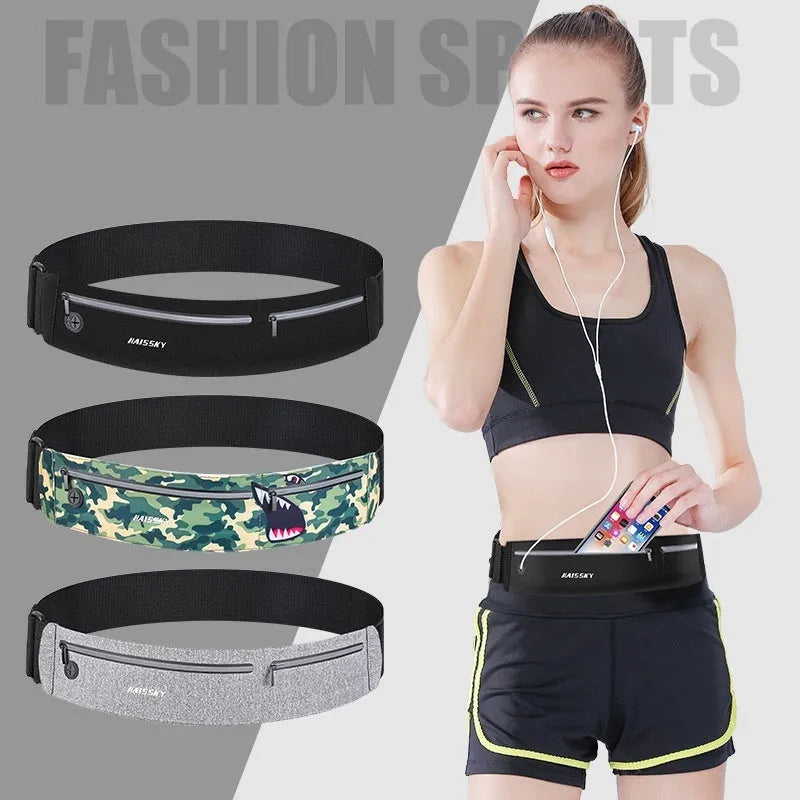 8-inch waterproof waist bag in camouflage crocodile, classic black, or heather grey, made from chinlon Lycra.